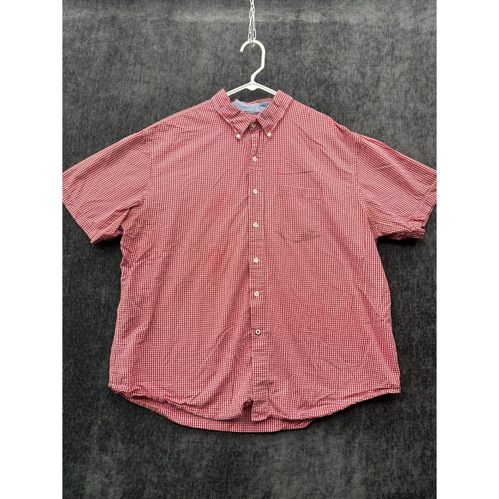 Izod Shirt Mens 2XL Red White Gingham Shirttail Hem Short Sleeve Button Down
